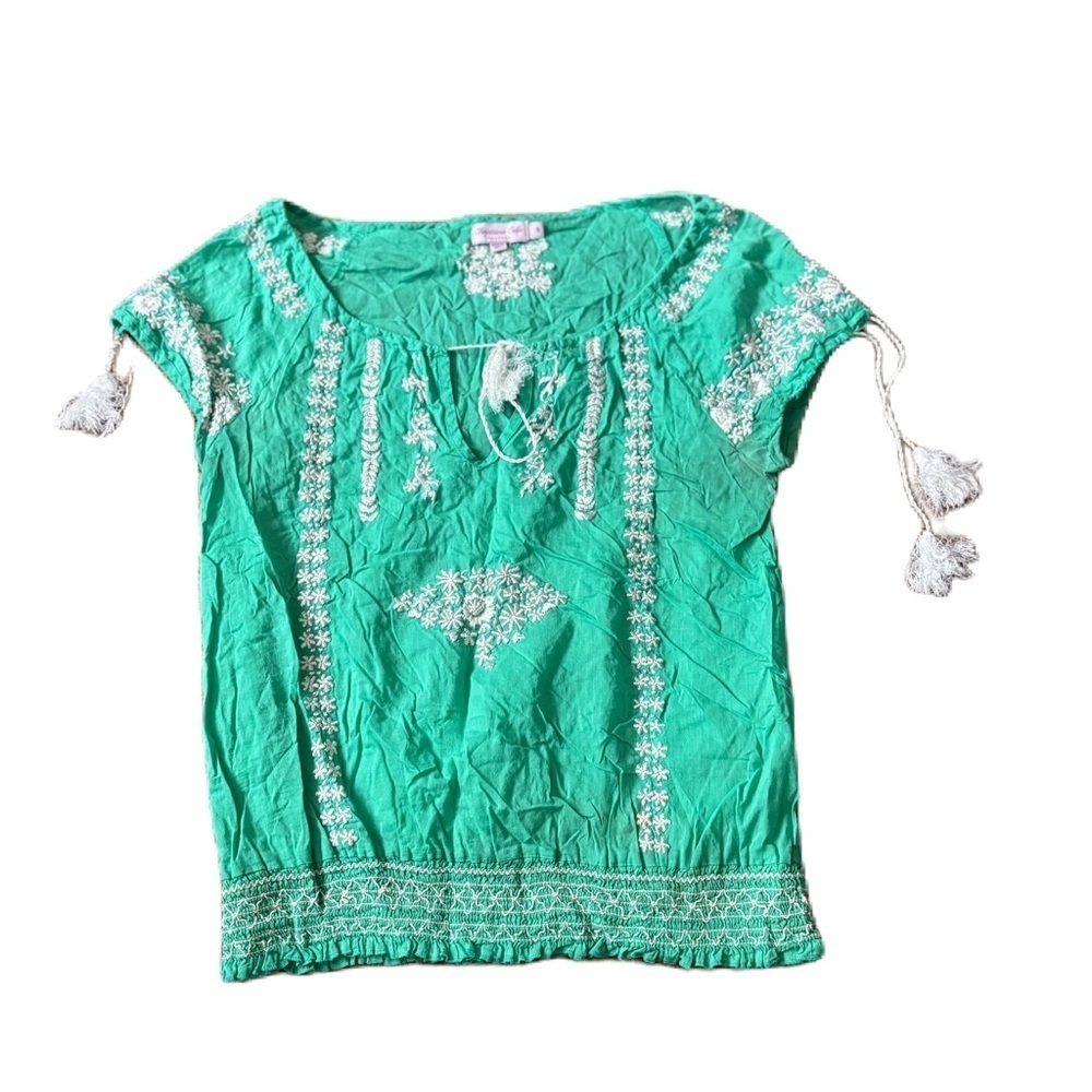 Christiane Celle Green Embroidered Boho Top Small Calypso Mint Green Blouse